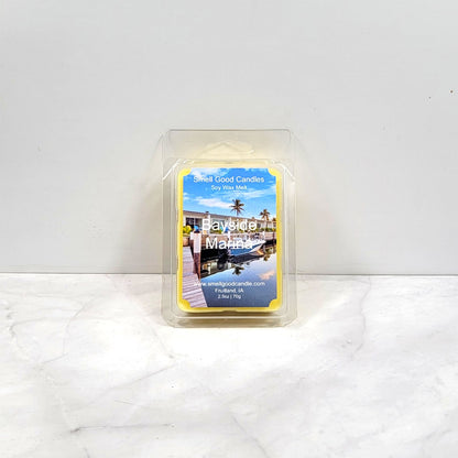 Bayside Marina soy wax melt with ocean-inspired background