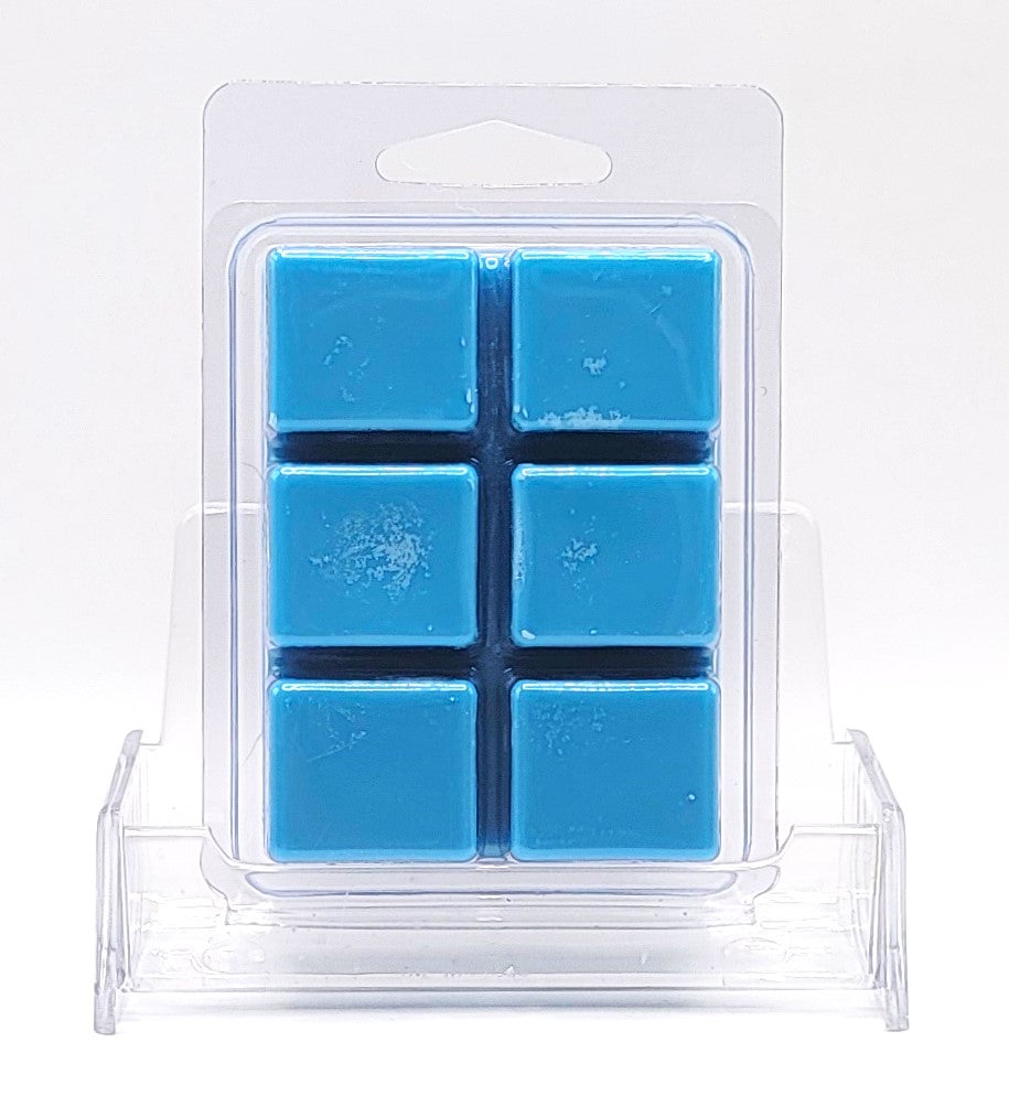 Close-up of wax melt cubes with a rich blueberry and vanilla fragrance.
