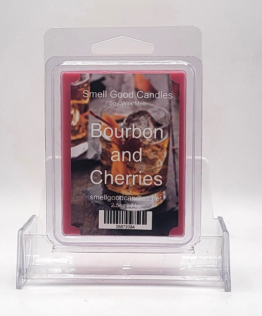 Luxury soy wax melt featuring bourbon, black cherry, and charred oak scent