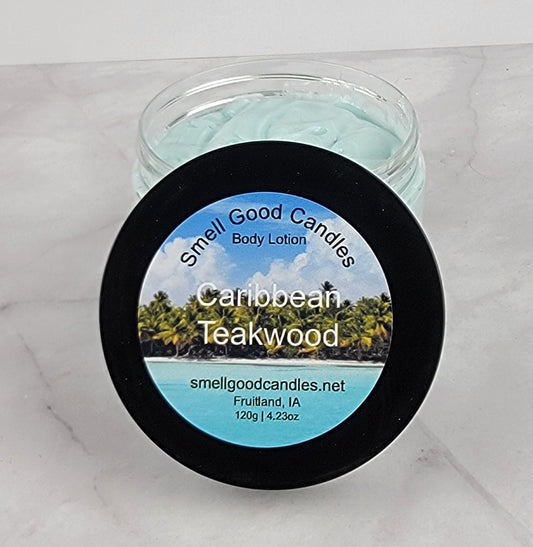 Caribbean Teakwood Whipped Body Lotion in a 4oz jar with bold, exotic fragrance