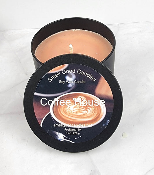 Coffee House 8oz Tin Soy Wax Candle with rich coffee and vanilla scent
