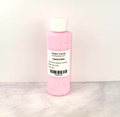 Handmade Cotton Candy Whipped Body Lotion with a lightweight, airy texture that deeply hydrates and leaves a long-lasting, fruity-sweet scent.