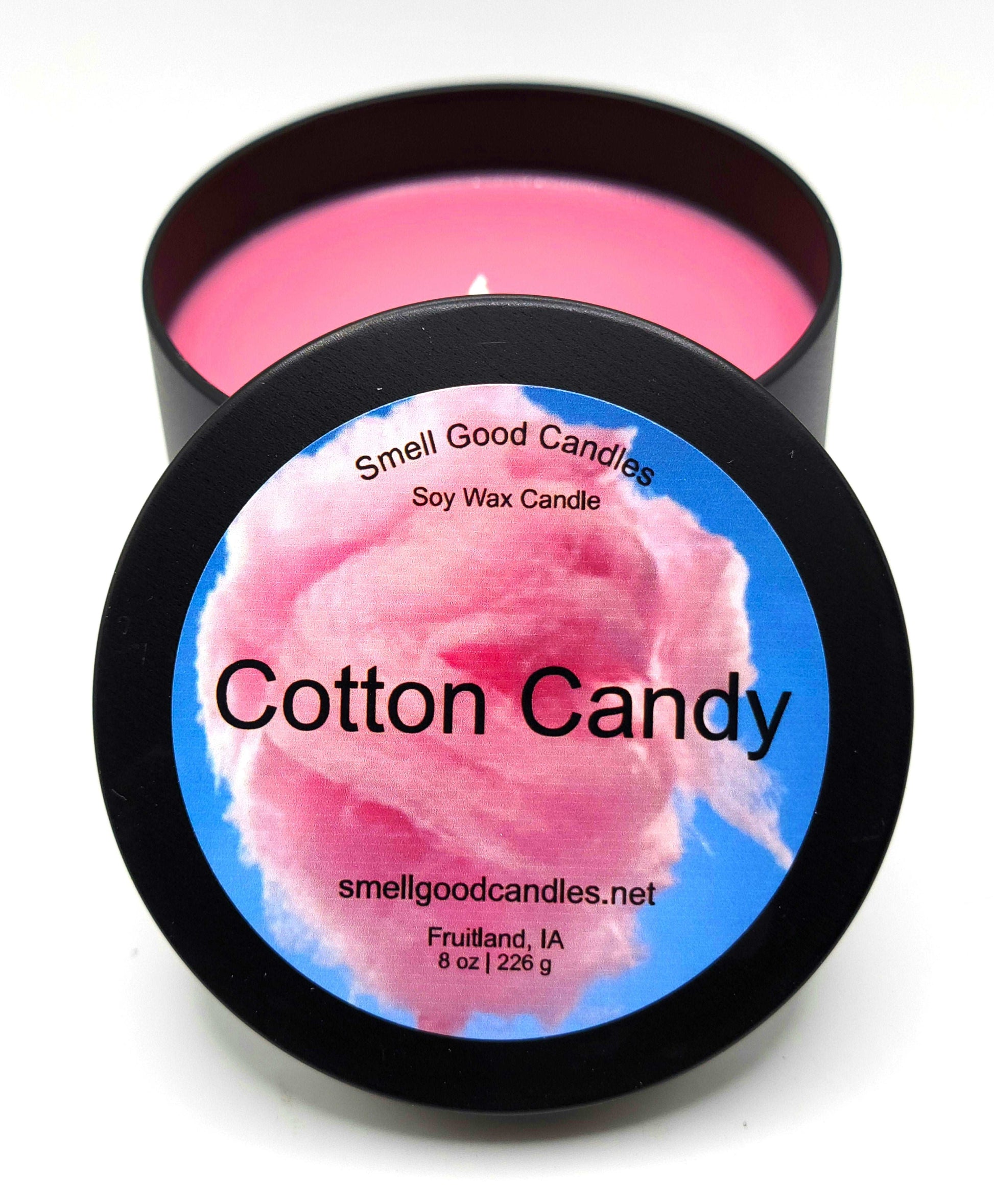 8oz Cotton Candy Soy Wax Candle in a reusable tin with sweet spun sugar scent