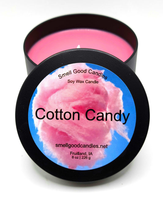 8oz Cotton Candy Soy Wax Candle in a reusable tin with sweet spun sugar scent