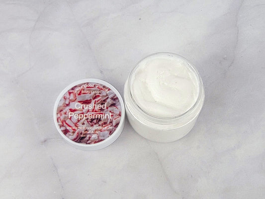 Lightweight, whipped lotion infused with peppermint, wintergreen, and tonka bean