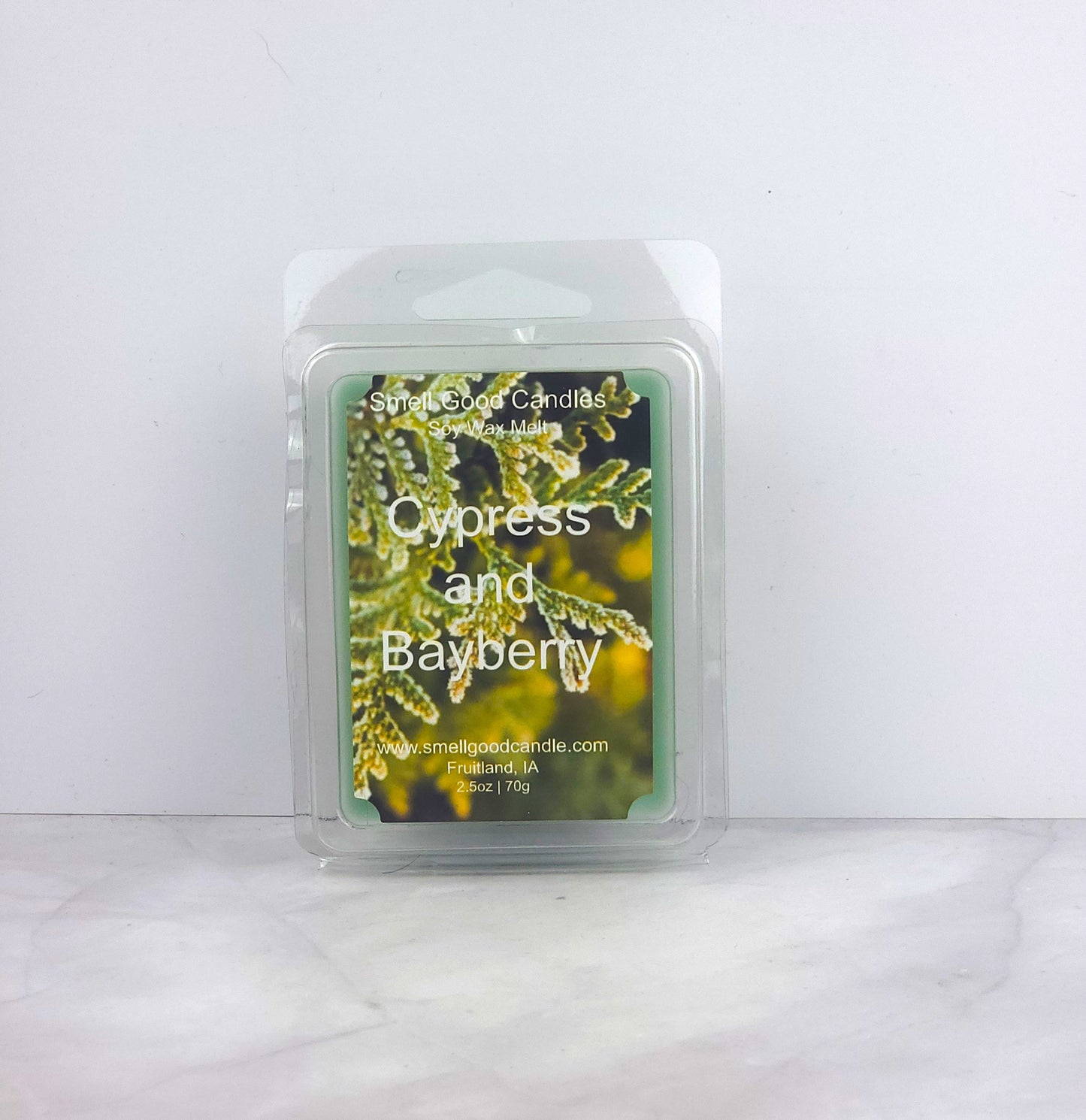 Cypress and Bayberry Soy Wax Melt featuring eucalyptus, bayberry, and fir for a fresh, sophisticated woodland scent.
