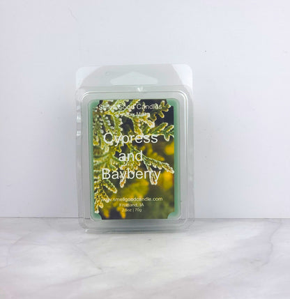 Cypress and Bayberry Soy Wax Melt featuring eucalyptus, bayberry, and fir for a fresh, sophisticated woodland scent.