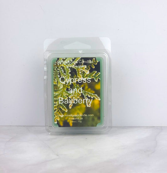 Cypress and Bayberry Soy Wax Melt featuring eucalyptus, bayberry, and fir for a fresh, sophisticated woodland scent.