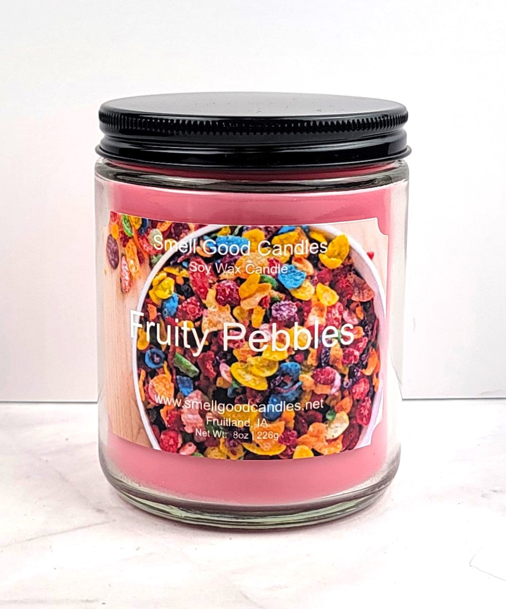Fruity Pebbles 8oz Soy Wax Candle with nostalgic childhood cereal scent.
