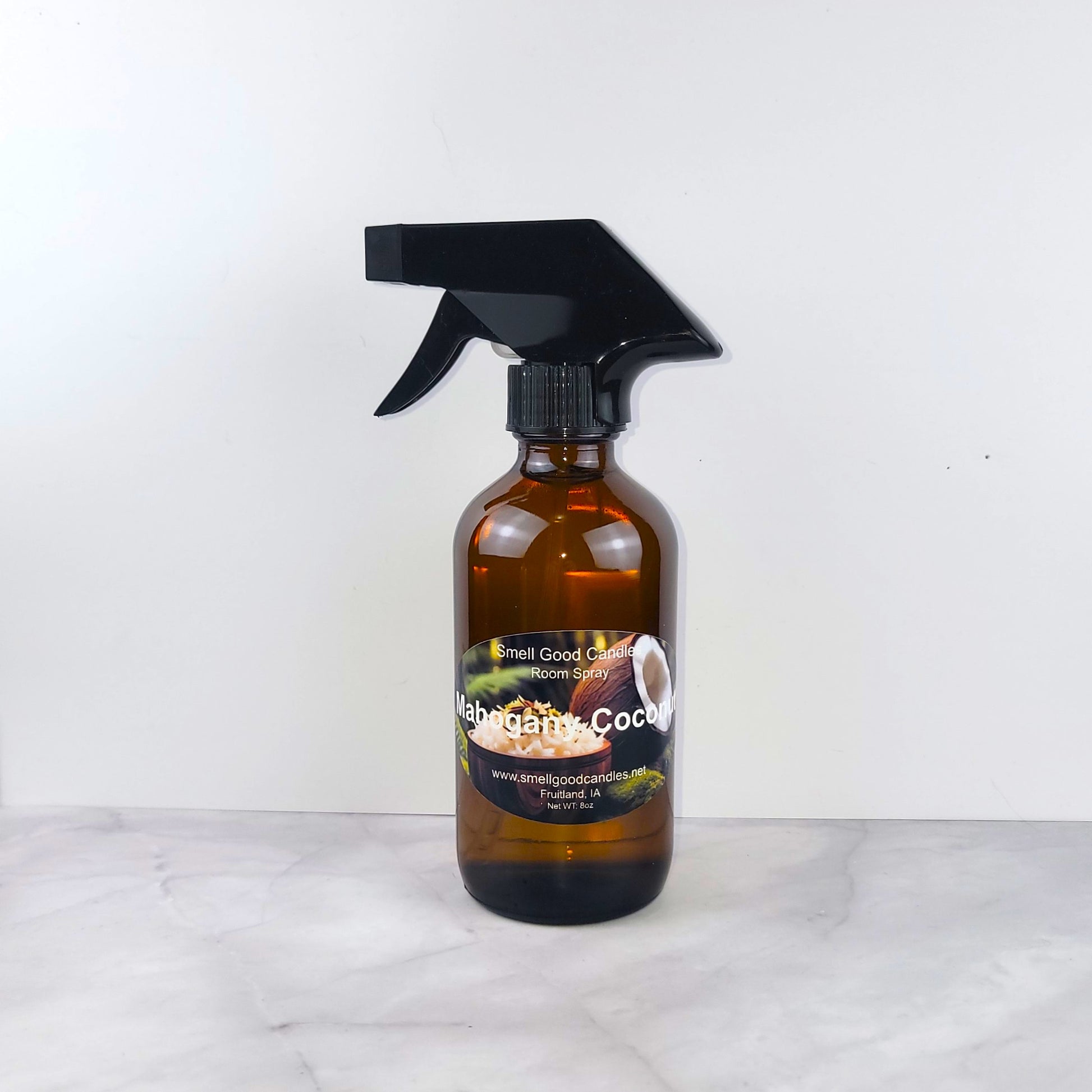 8oz Mahogany Coconut Room Spray, inspired by Bath & Body Works, with a warm blend of lemon, coconut, sandalwood, vanilla, and oakmoss for a luxurious, long-lasting fragrance.