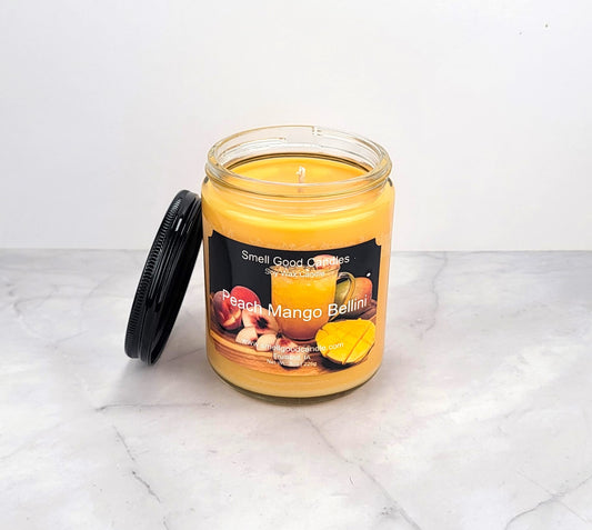 Hand-poured candle with juicy peach, mango, and warm sandalwood fragrance.