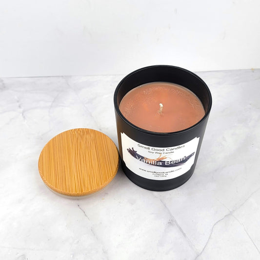 Luxury vanilla-scented candle in an elegant glass jar